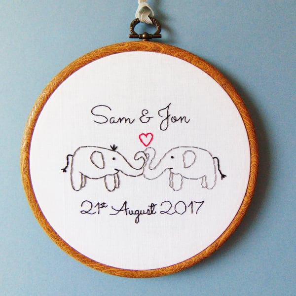 Elephant Anniversary Gift - Personalised Hand Embroidered Hoop