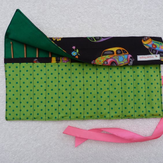 SALE  VW Beetle  Print Roll Up Crochet Hook Holder with 12 Bamboo Crochet Hooks