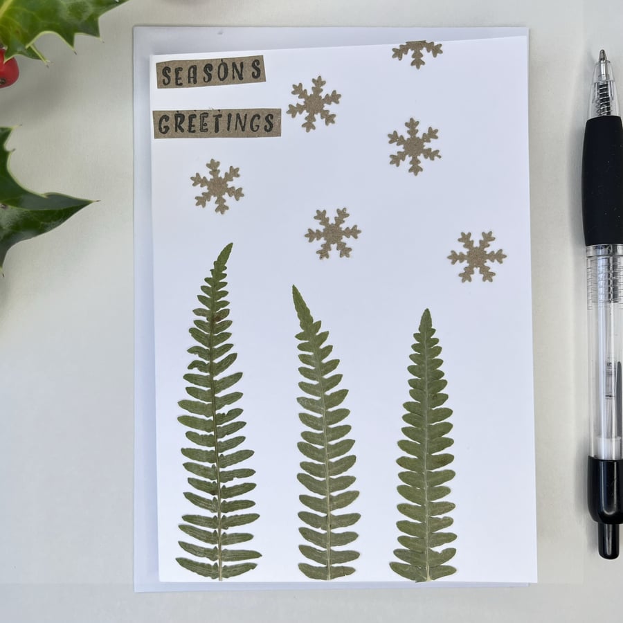 Handmade Real Pressed Ferns and Snow Christmas Card