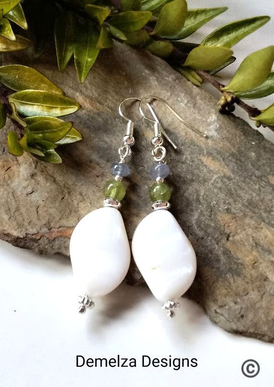Mother of Pearl,  Tanzanite & Peridot Earrings Silver Plate
