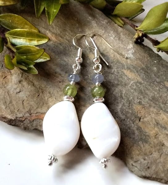 Mother of Pearl,  Tanzanite & Peridot Earrings Silver Plate