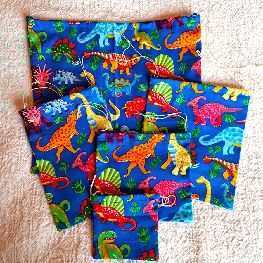  Dinosaur gift bags, pack of five, cotton, drawstring, hand made