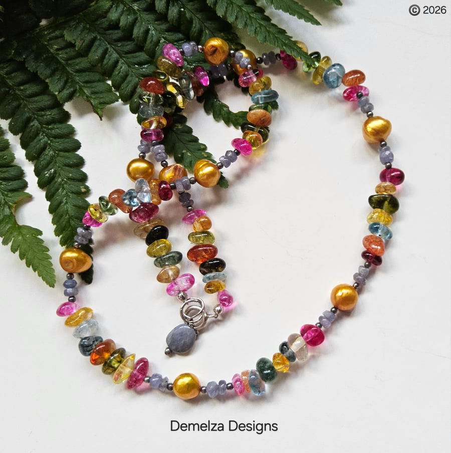 Tanzanite, Freshwater Pearl, Multicoloured Quartz Sterling Silver Necklace