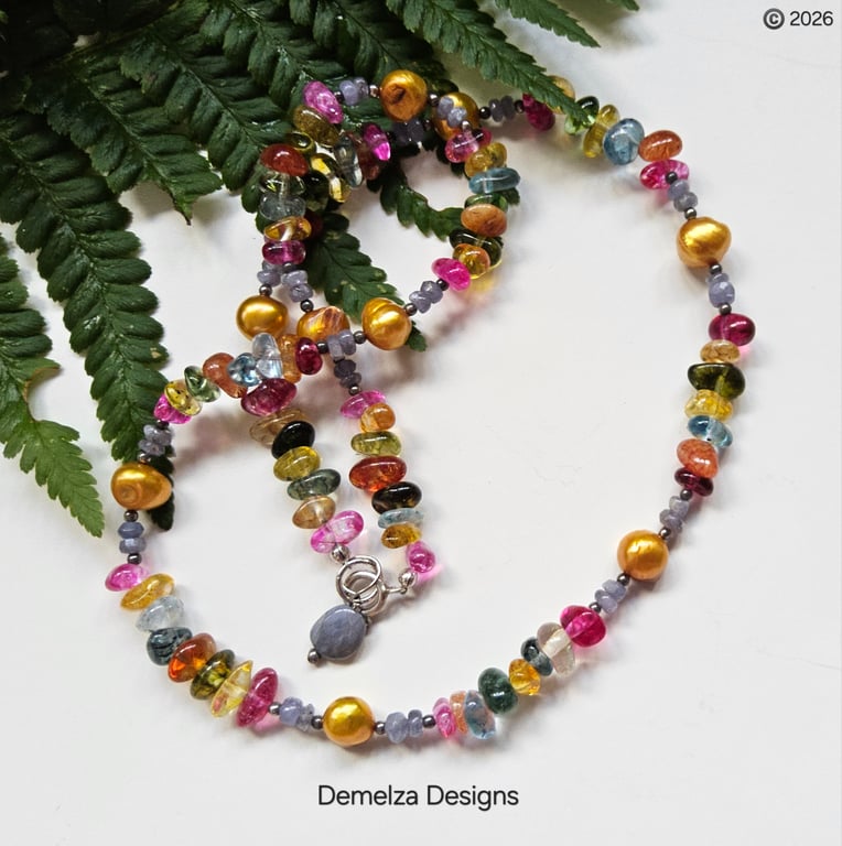 Tanzanite, Freshwater Pearl, Multicoloured Quartz Sterling Silver Necklace