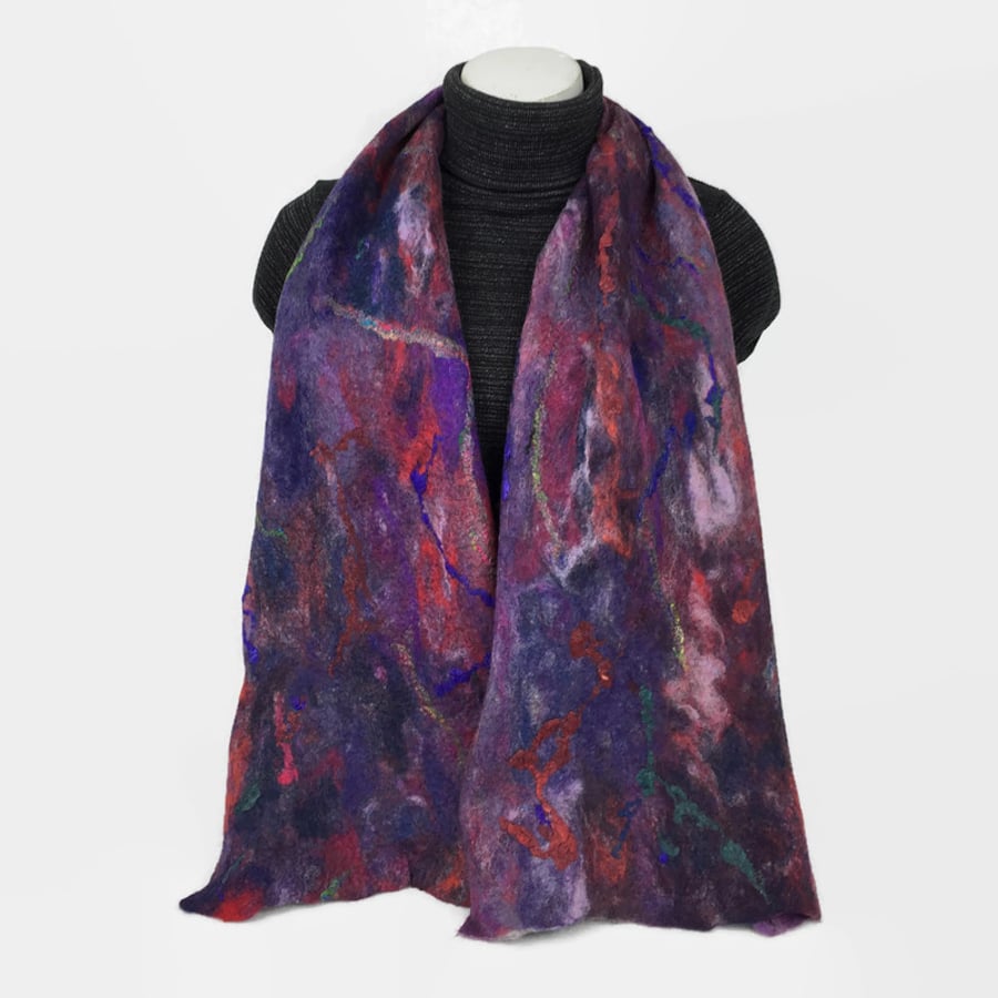 Merino wool felted scarf in shades of purple, blue and red