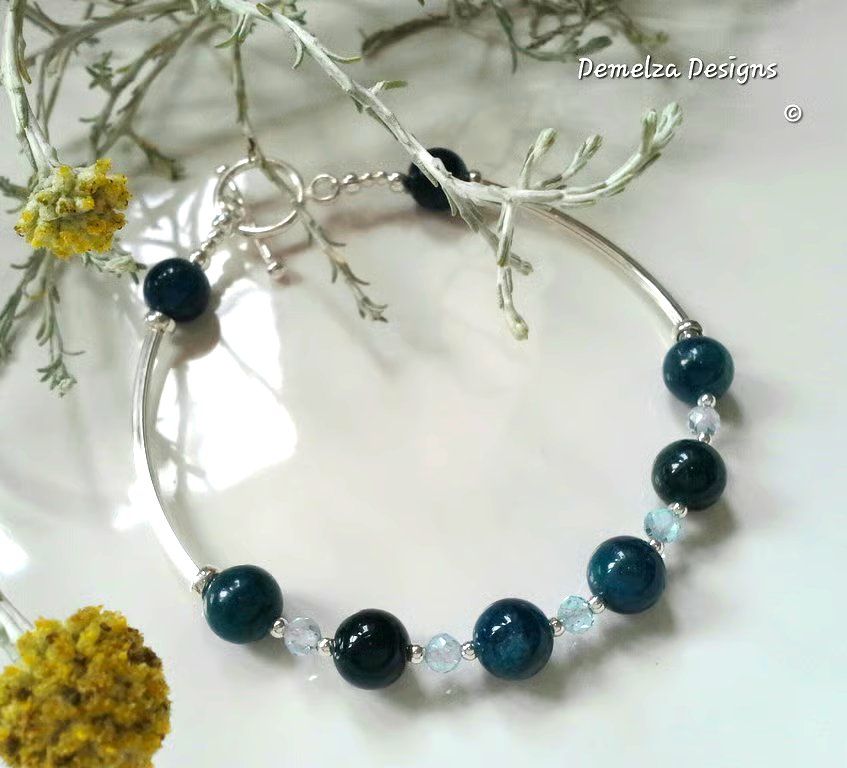 Designer Apatite & Sky Blue Topaz Sterling Silver Bangle Bracelet 