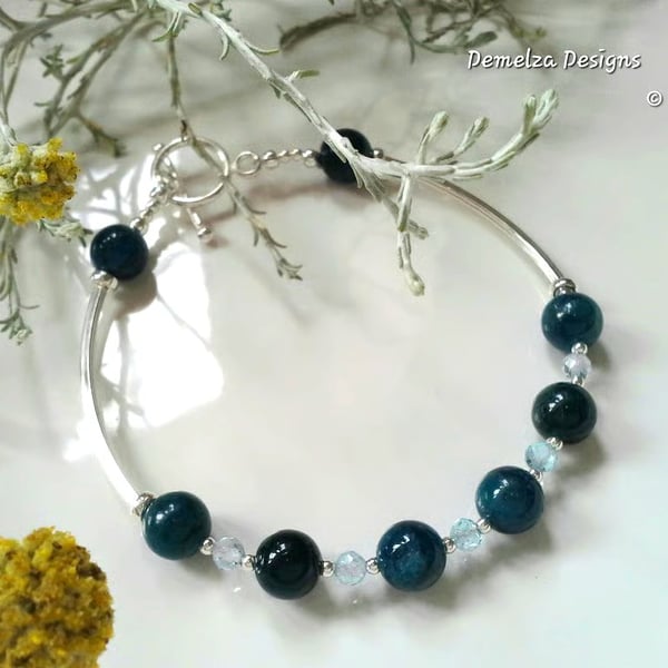 Designer Apatite & Sky Blue Topaz Sterling Silver Bangle Bracelet 