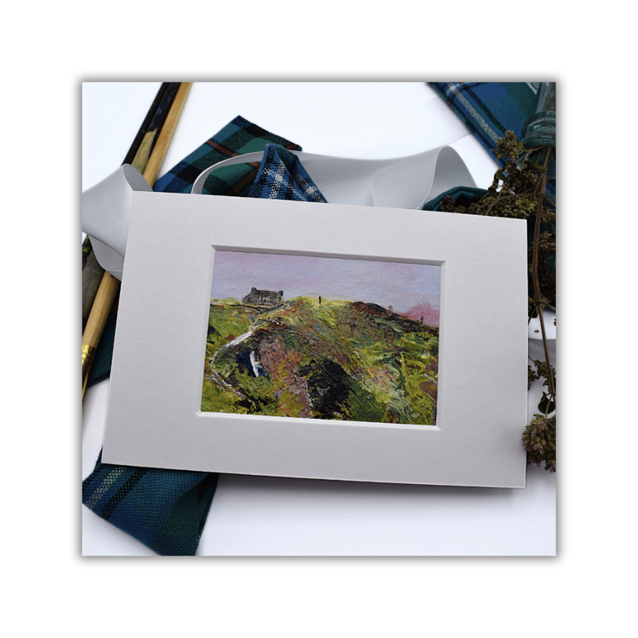 A small, mounted painting - Scottish landscape - acrylic on paper - croft 