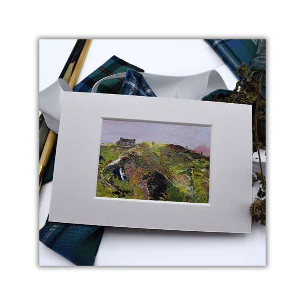 A small, mounted painting - Scottish landscape - acrylic on paper - croft 