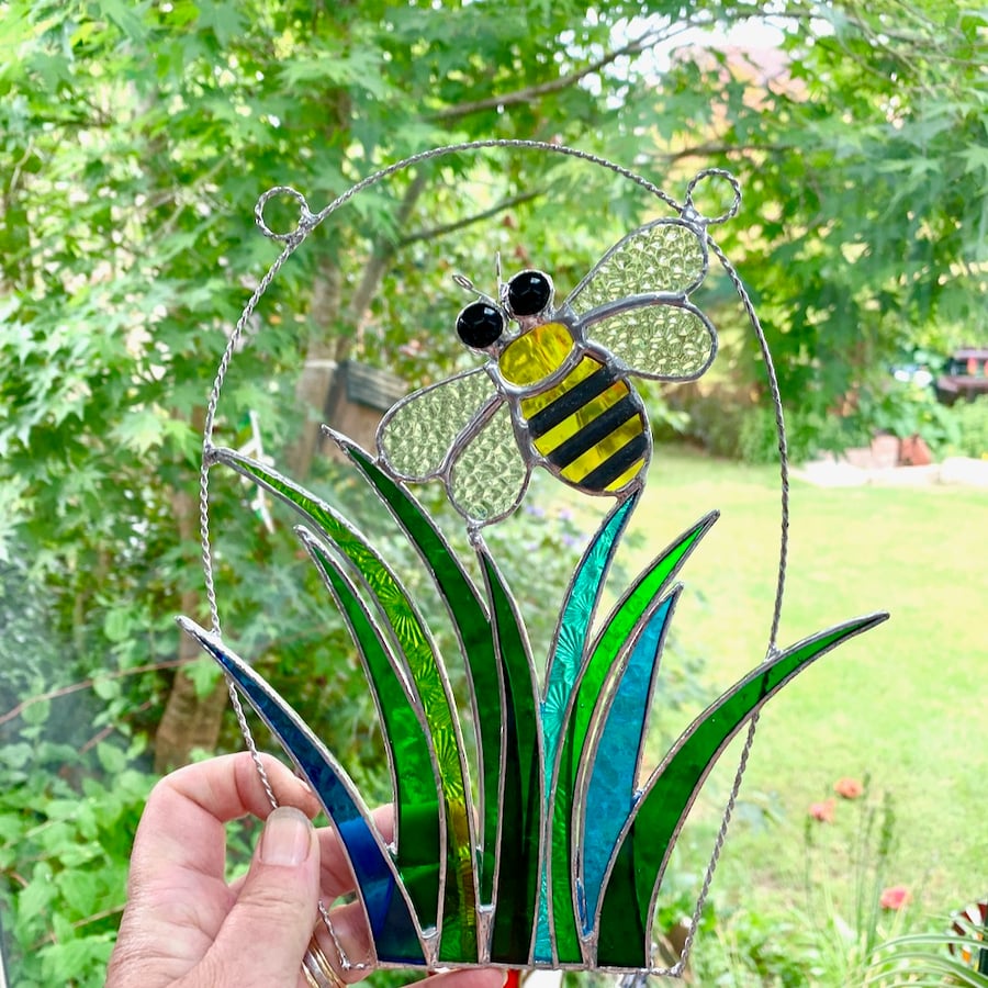 Stained Glass Bee over Grass Suncatcher - Handmade Window Decoration 