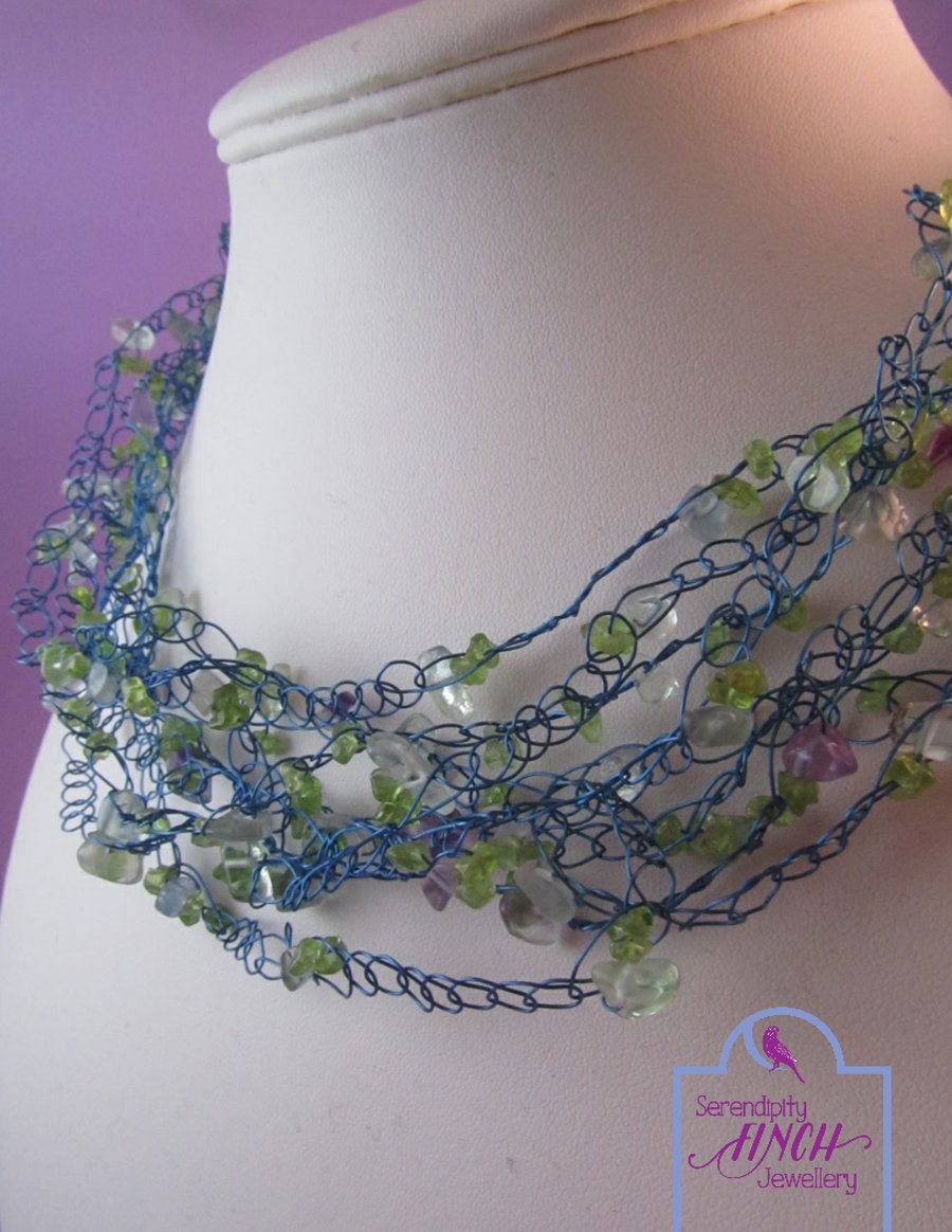 Peridot Fluorite Crochet Necklace, Blue Necklace, Peridot Necklace