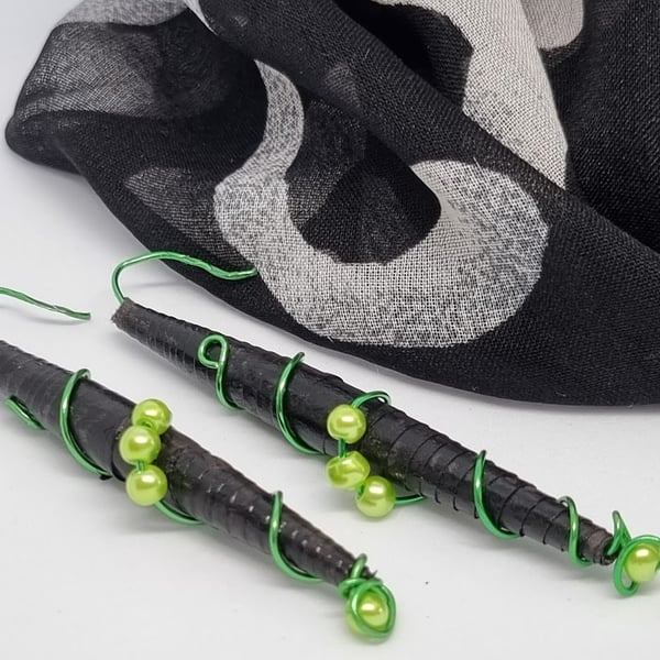 Long black and green paper and wire earrings
