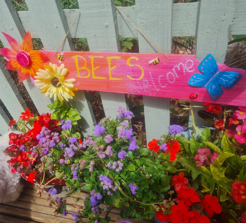 Handmade, upcycled wooden "bees welcome" sign