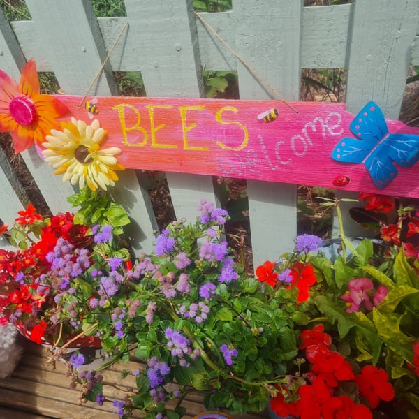 Handmade, upcycled wooden "bees welcome" sign