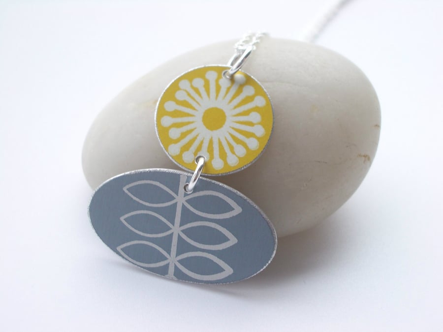 Folk art flower necklace in yellow and grey