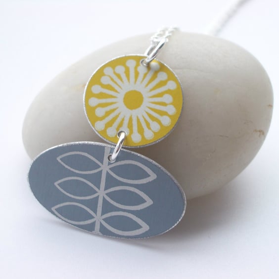 Folk art flower necklace in yellow and grey