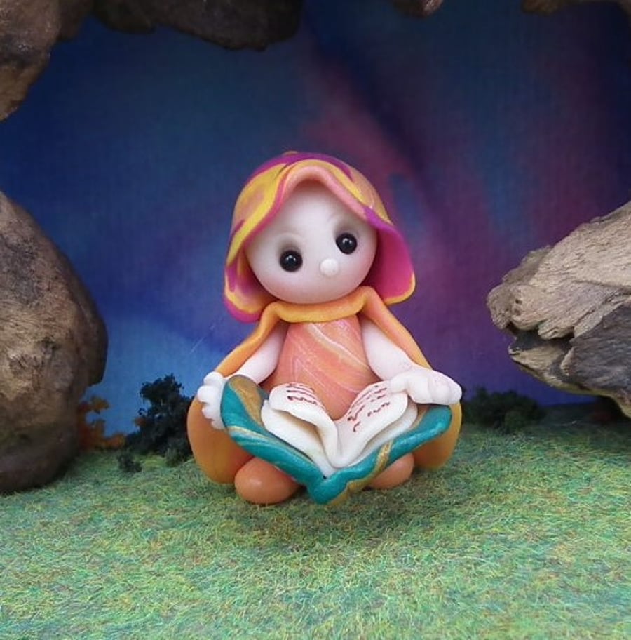 Tiny Library Gnome 'Celeste' with book 1.5" OOAK Sculpt by Ann Galvin