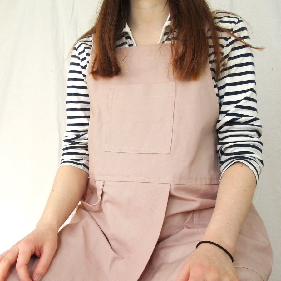 Cotton Canvas Pottery Apron with Split Leg, Japanese Cross Back, Pale Pink No4:5