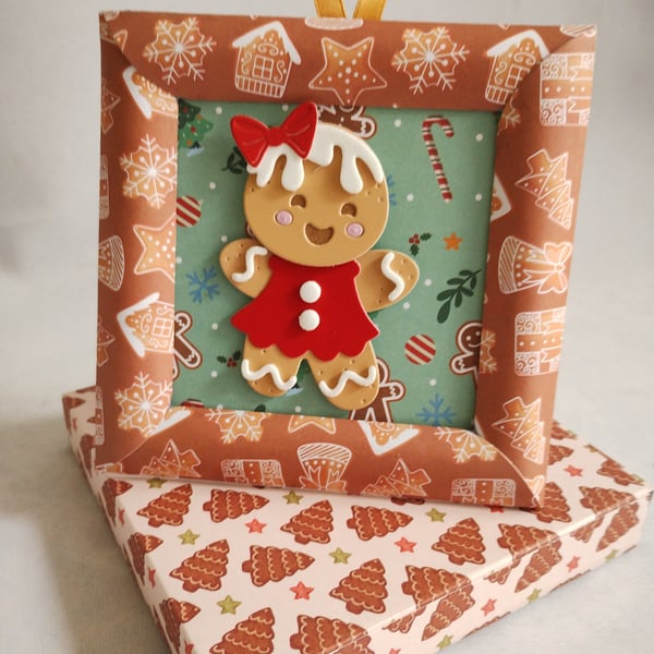 Dancing Gingerbread Girl in Frame Christmas Card with hanging loop