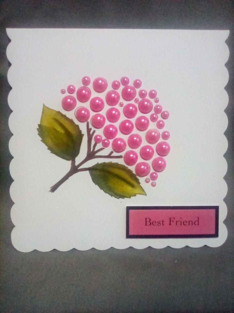 Deep pink floral watercolour and embellished handmade best friend blank card