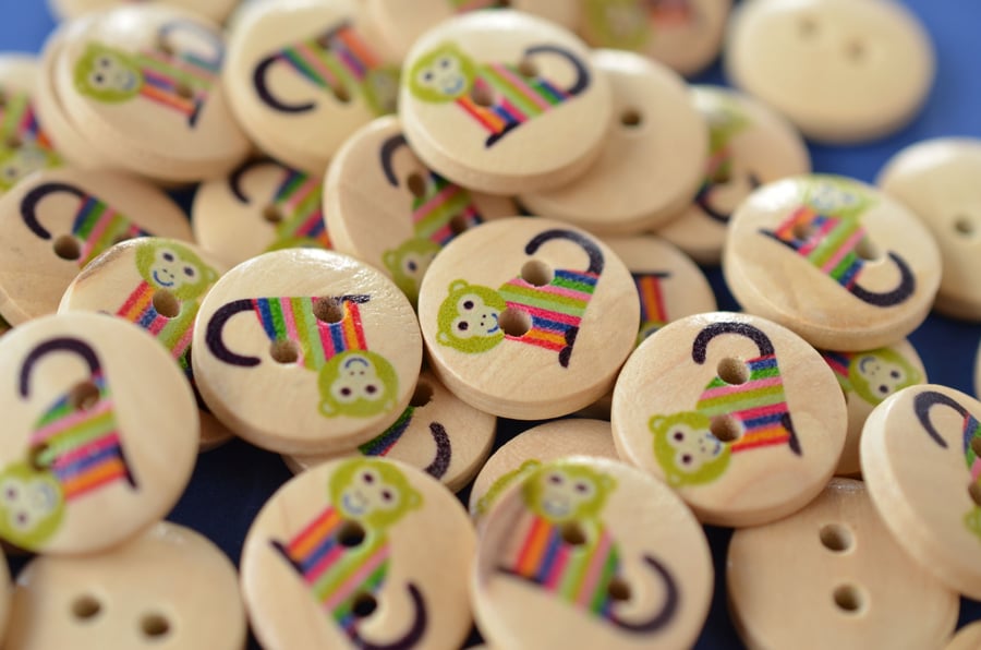 15mm Wooden Rainbow Monkey Buttons 10pk Kids Buttons (SAN6)