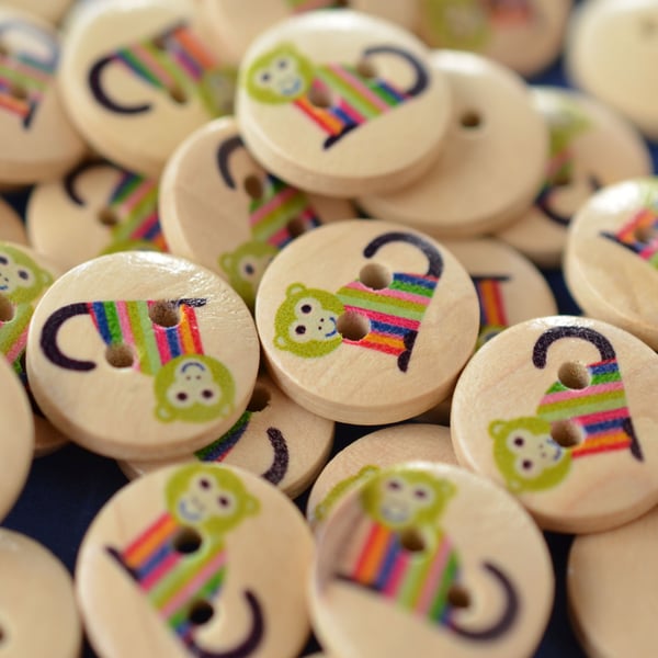 15mm Wooden Rainbow Monkey Buttons 10pk Kids Buttons (SAN6)