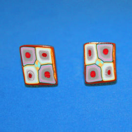 Modern Style Cubist Pattern Ear Studs - Polymer Clay - Silver