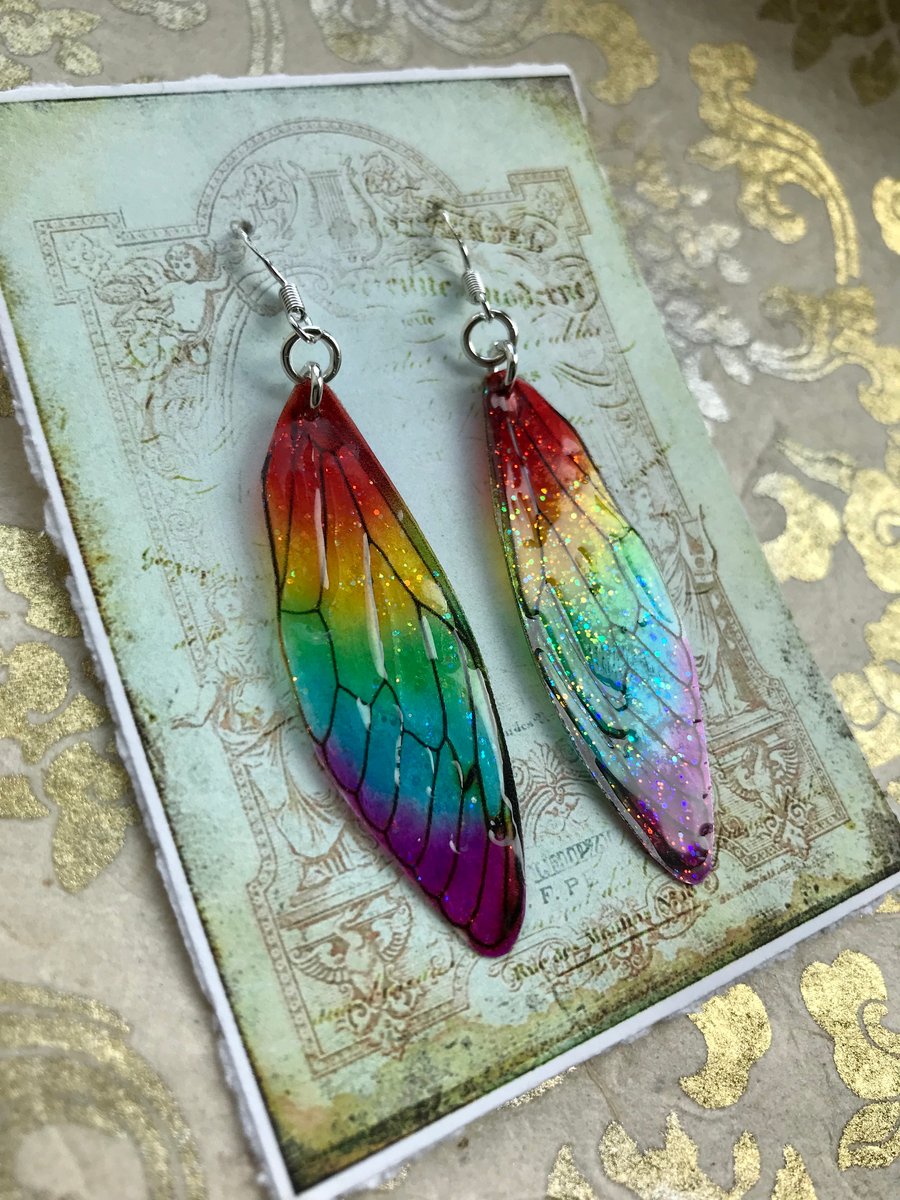 Sparkling Rainbow Fairy Wing Earrings Sterling Silver