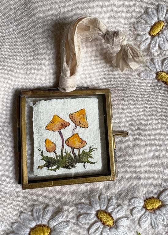 Framed 'Tiny Yellow Toadstools' original miniature watercolour