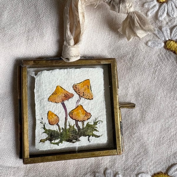 Framed 'Tiny Yellow Toadstools' original miniature watercolour
