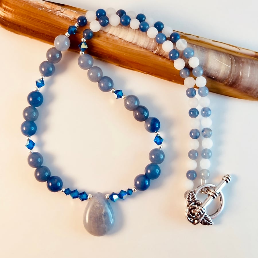 Blue Aventurine Necklace, Swarovski Crystals And White Jade - Handmade In Devon