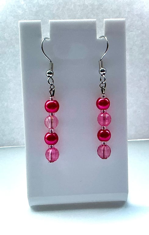 Dark Pink Beaded Dangly Earrings