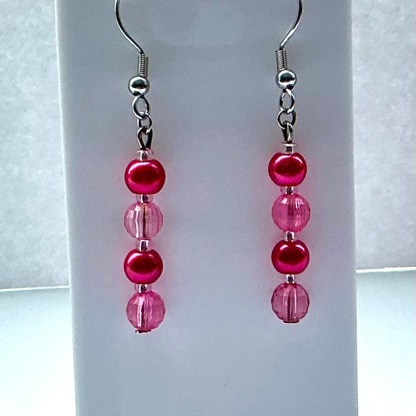 Dark Pink Beaded Dangly Earrings