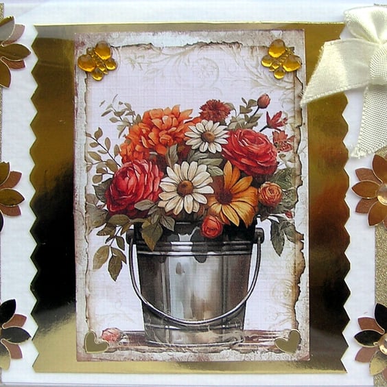 Flower Hand Crafted 3D Decoupage Card - Blank for any Occasion (2572)