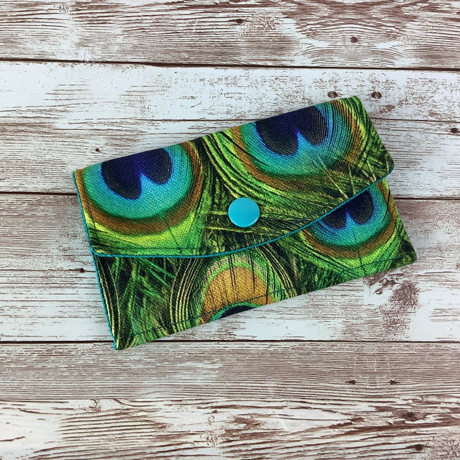 Peacock feathers Business Card Case, Travel pass holder wallet, Fabric purse