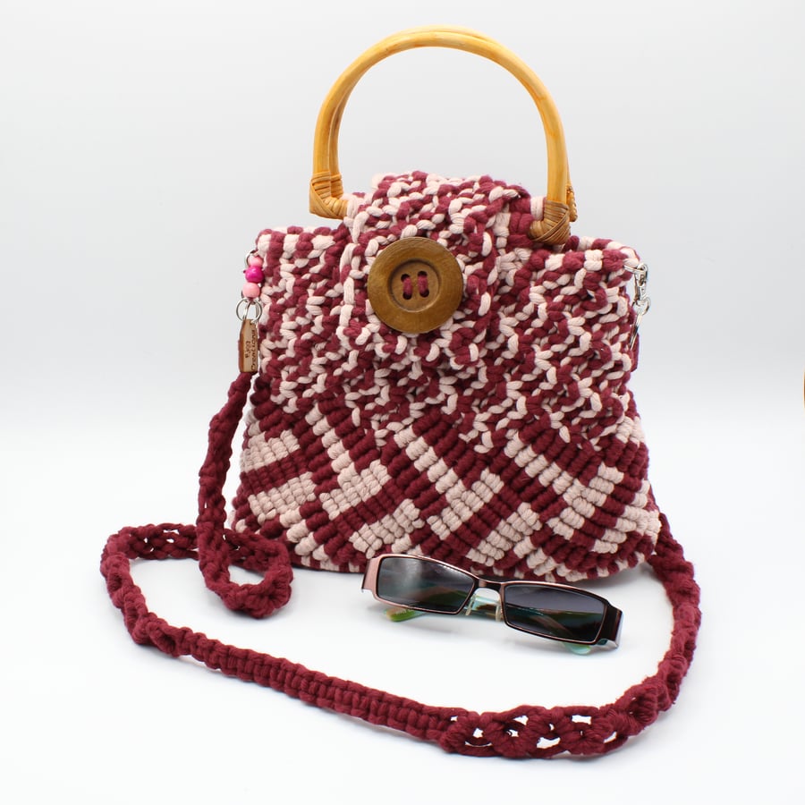  Burgundy Macrame Handbag with pink hearts liner - shoulder bag