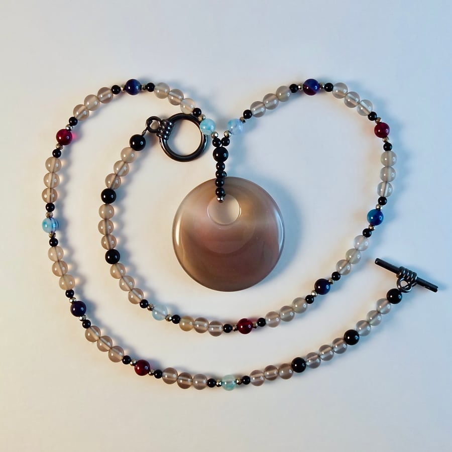 Agate And Onyx Bead Necklace With Grey Agate Donut Pendant - Handmade In Devon