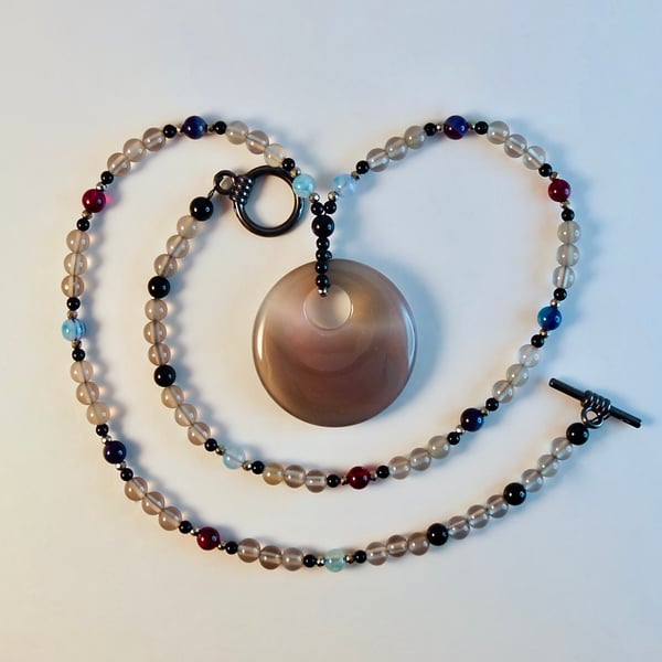 Agate And Onyx Bead Necklace With Grey Agate Donut Pendant - Handmade In Devon
