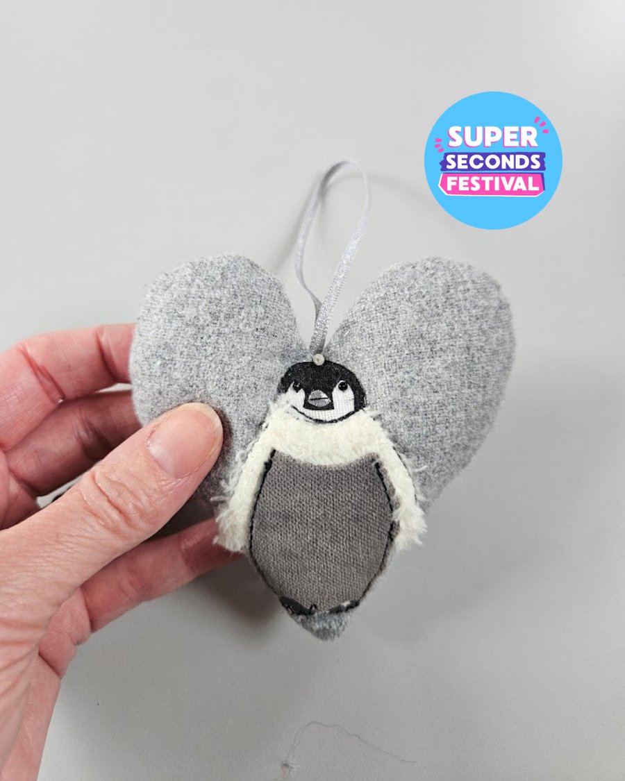 Super Seconds Festival, handmade baby Penguin, padded hanging heart decoration