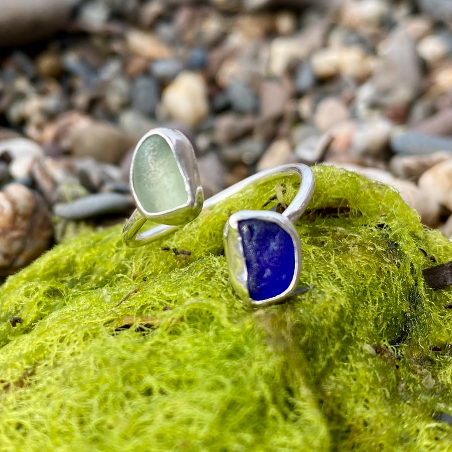 Blue & Pale Aqua Sea Glass and Sterling Silver Spiral Adjustable Ring - 1337