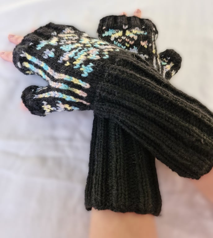 Black & rainbow pattern patter hand knitted  wrist warmers or fingerless gloves 