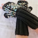 Black & rainbow pattern patter hand knitted  wrist warmers or fingerless gloves 