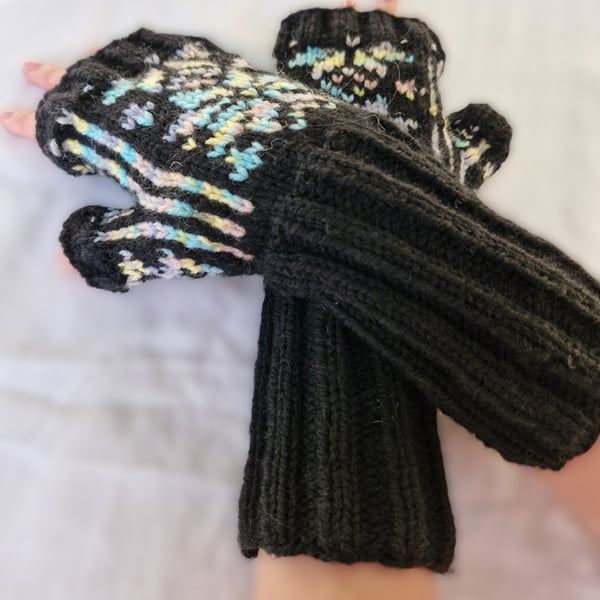 Black & rainbow pattern patter hand knitted  wrist warmers or fingerless gloves 