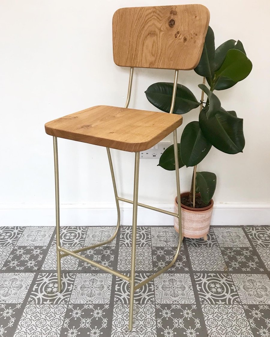 Solid oak gold Bar Stool with backrest Folksy