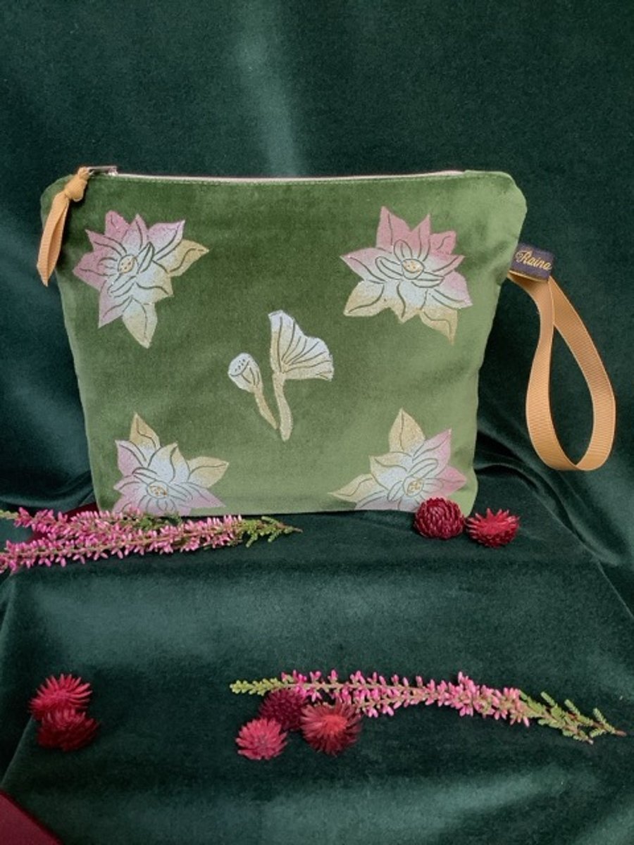 Lotus Flower Velvet Makeup Bag, Olive Green Cosmetic Pouch, Hand Printed Gift 
