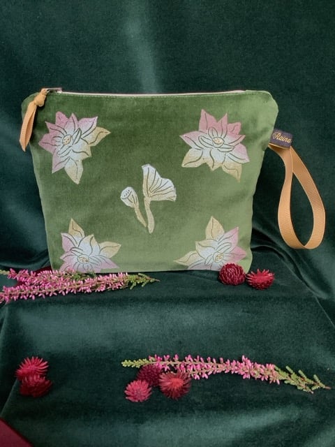 Lotus Flower Velvet Makeup Bag, Olive Green Cosmetic Pouch, Hand Printed Gift 