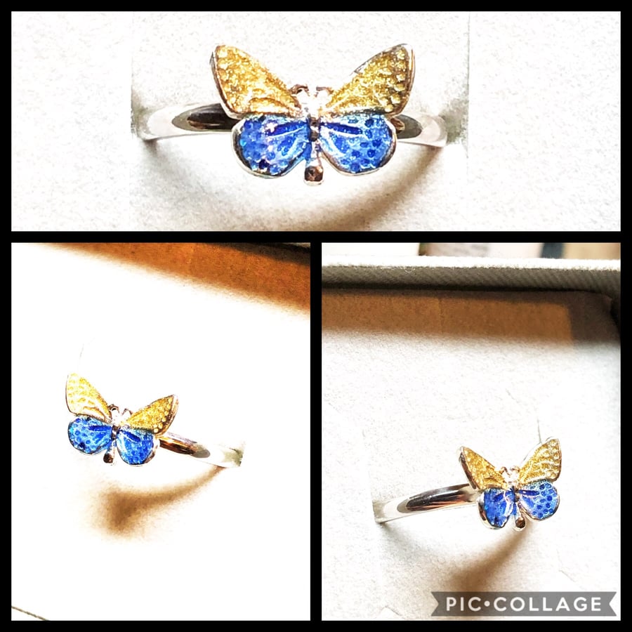 Dainty Sterling Silver Butterfly Ring in Blue and Gold