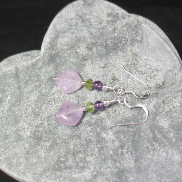 Purple, Lavender Amethyst and Peridot Earrings Sterling Silver