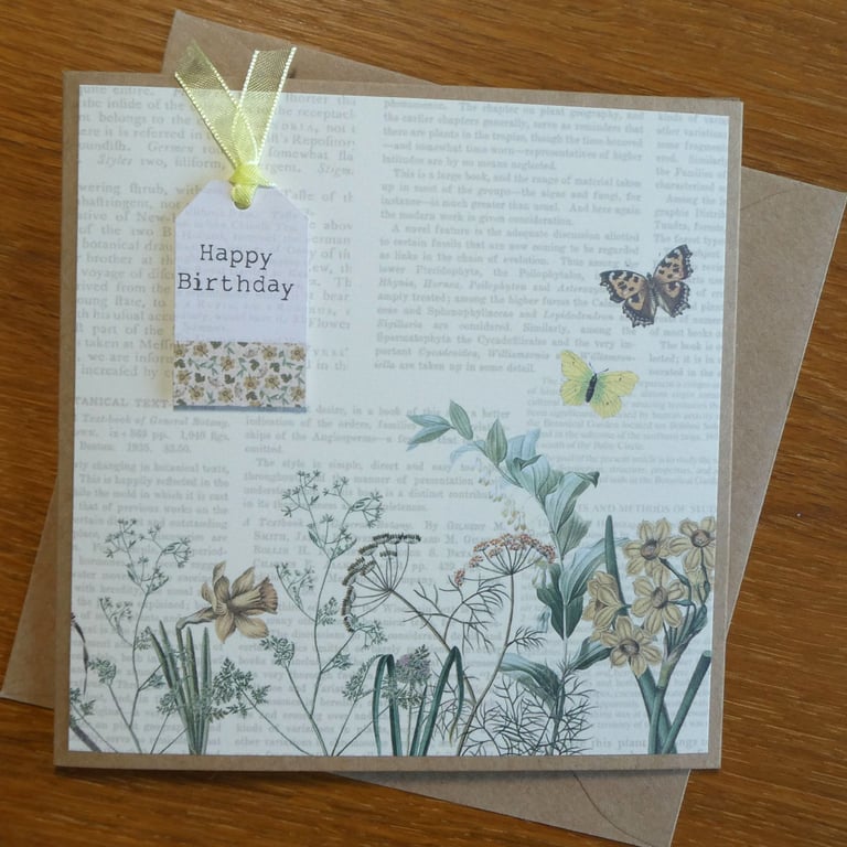 Happy Birthday Card - Botanical Butterflies and Flowers