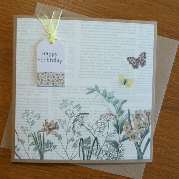 Happy Birthday Card - Botanical Butterflies and Flowers